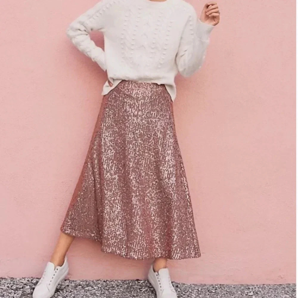 Loft Rose Gold Mesh Sequin Midi A-Line Skirt Lined Side Zip Size 10P NWT